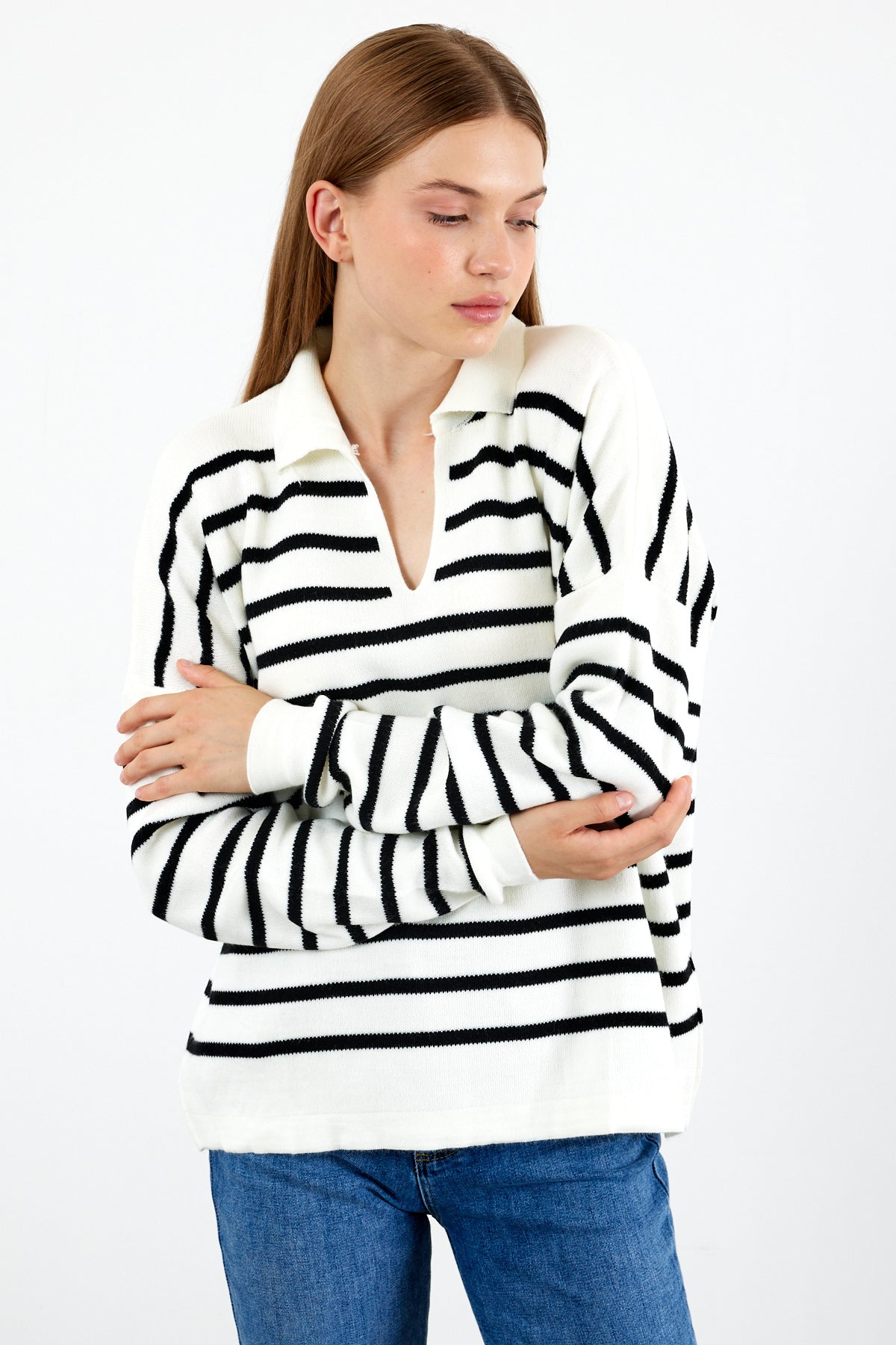 Knit Polo Neck Top V Neck Striped Knit Sweater - SKU: 1038