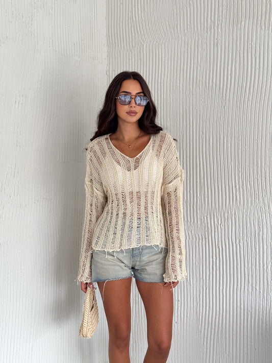 Women's Light Knit Long Sleeve Top Hallow Open Knit Top - SKU:1147