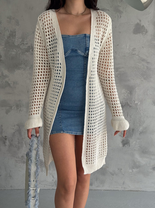 Women's Open Front Hallow Knit Cardigan Mid Length Cardigan SKU: 1875