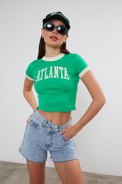 Crop T-Shirt Two Tone "Atlanta" Printed Crop Top (S-M-L / 2-2-2) 6 Pieces