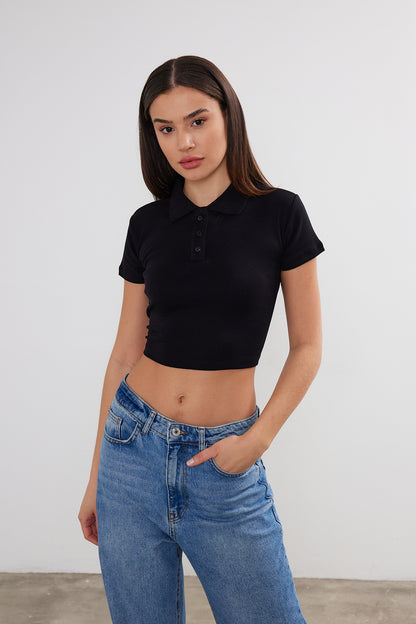Womens Polo Neck Crop Top Polo Neck Cropped T-Shirt 4034 S-M-L (2-2-2) 6 PIECES