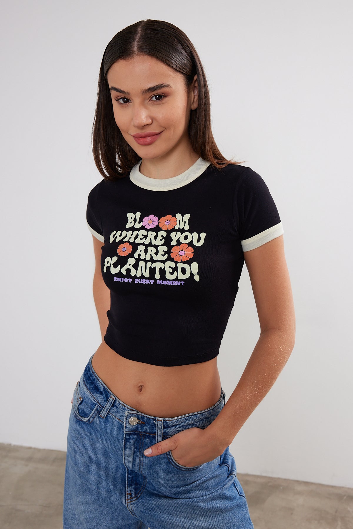 Womens Positive Vibe Crop Top Cropped T-Shirt (S-M-L / 2-2-2) 6 Pieces