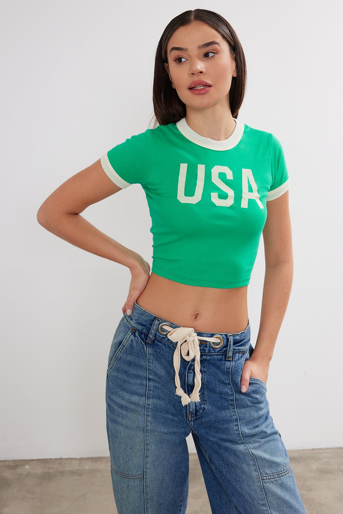 Womens USA Printed Crop Top Cropped USA T-Shirt (S-M-L / 2-2-2) 6 Pieces