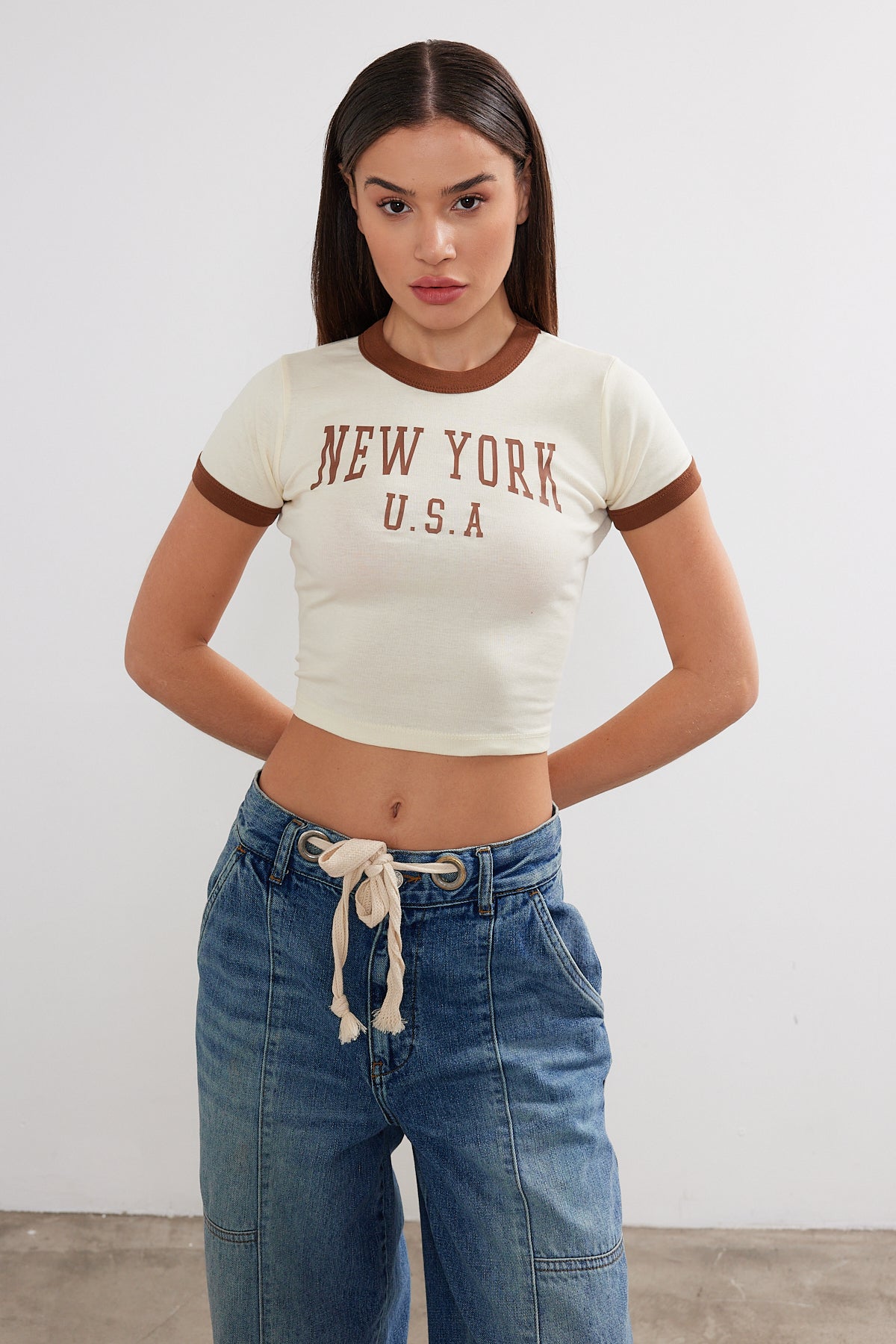 New York Printed Cropped T-Shirt Crop Top (S-M-L / 2-2-2) 6 Pieces