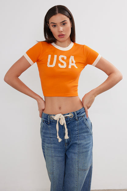 Womens USA Printed Crop Top Cropped USA T-Shirt (S-M-L / 2-2-2) 6 Pieces