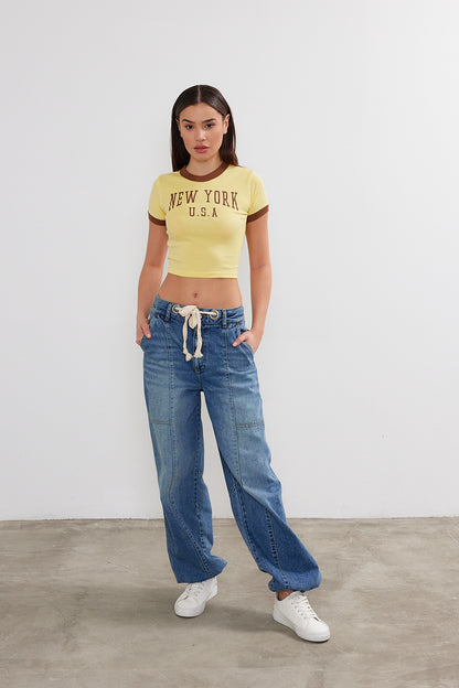 New York Printed Cropped T-Shirt Crop Top (S-M-L / 2-2-2) 6 Pieces