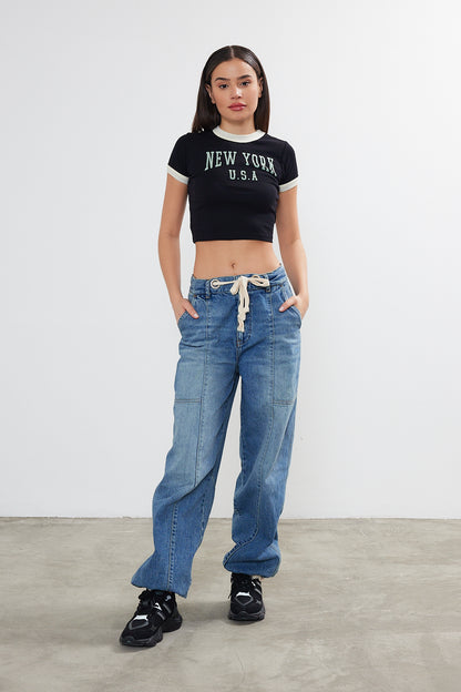 New York Printed Cropped T-Shirt Crop Top (S-M-L / 2-2-2) 6 Pieces