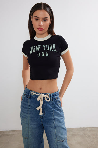 New York Printed Cropped T-Shirt Crop Top (S-M-L / 2-2-2) 6 Pieces