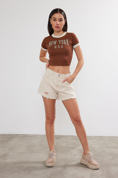 New York Printed Cropped T-Shirt Crop Top (S-M-L / 2-2-2) 6 Pieces