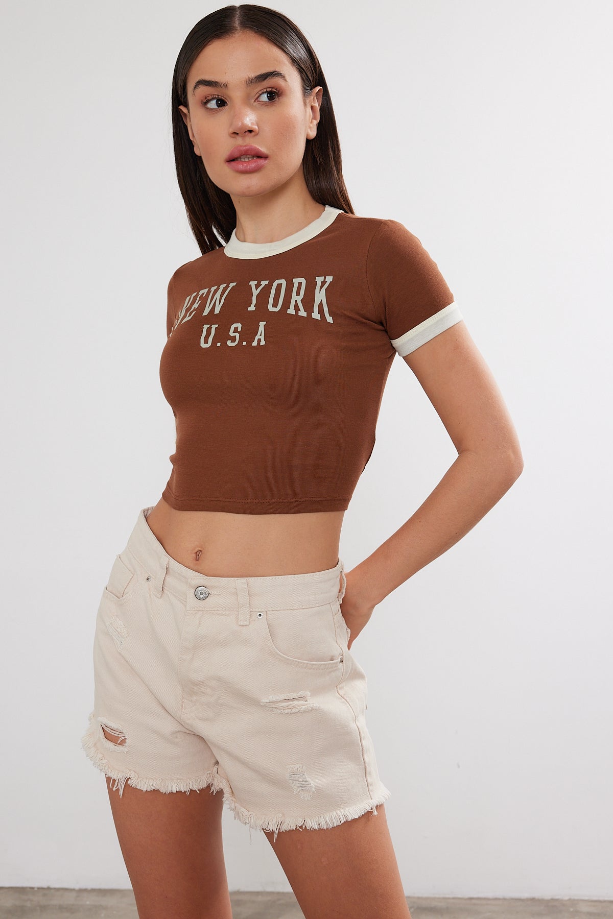 New York Printed Cropped T-Shirt Crop Top (S-M-L / 2-2-2) 6 Pieces