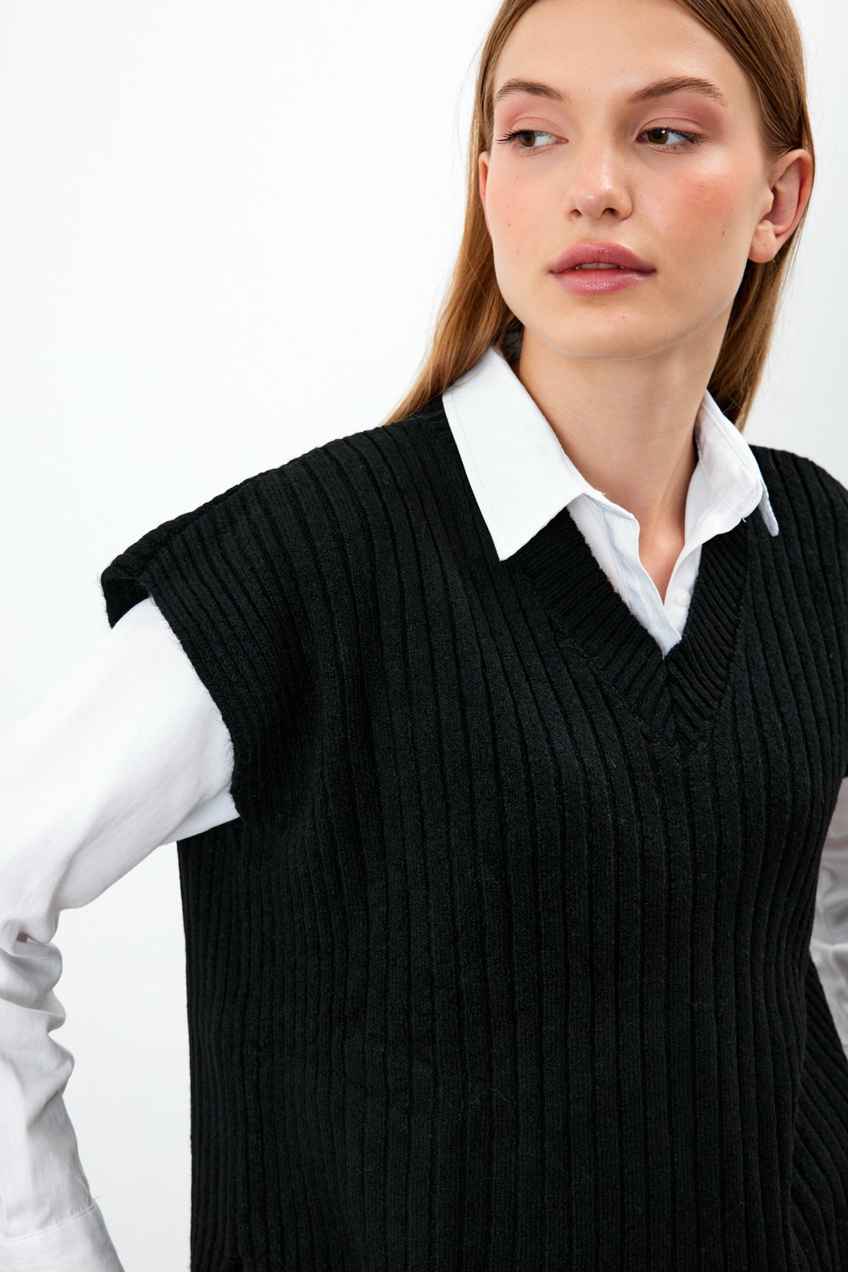 Knit Sweater Vest Ribbed Solid Color V Neck - SKU: 1201