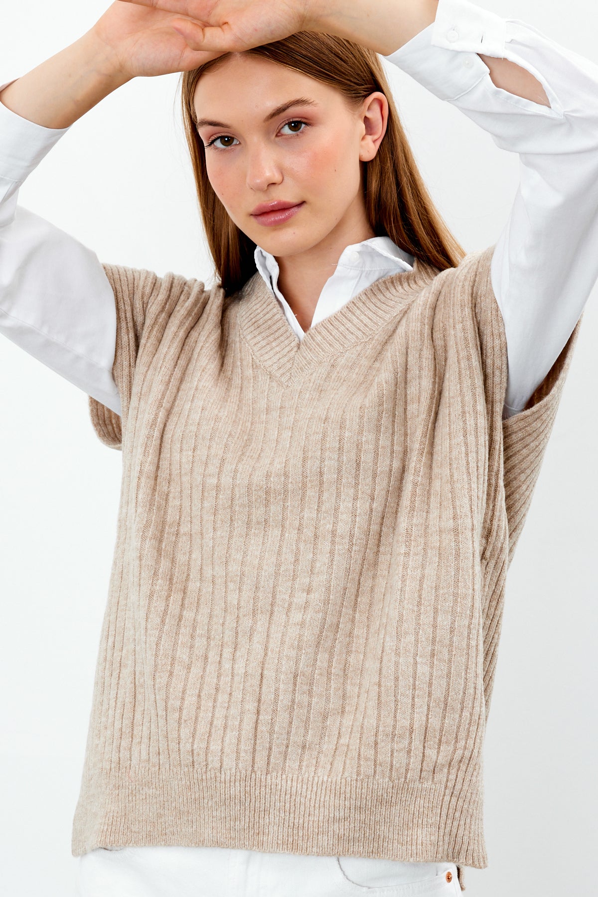 Knit Sweater Vest Ribbed Solid Color V Neck - SKU: 1201