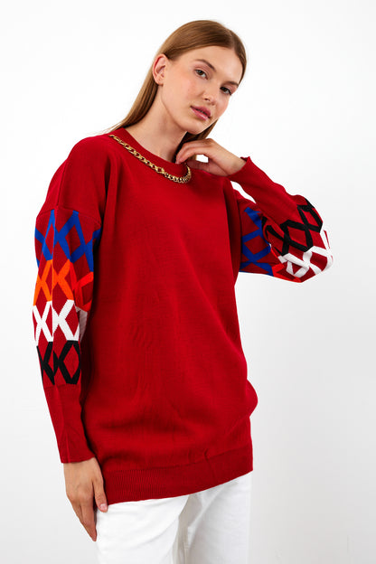 Knit Tunic Sweater Knit Mini Dress Arm Pattern Detailed- SKU: 3010