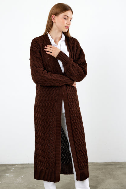 Long Length Knit Cardigan Maxi Length Cover Up Knit Detailed Solid Color - SKU: 3860
