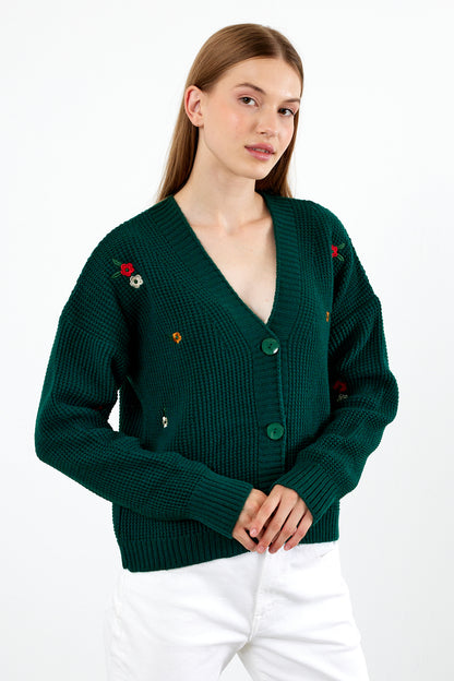Short Knit Cardigan Flower Embroidery Detailed - SKU: 3840