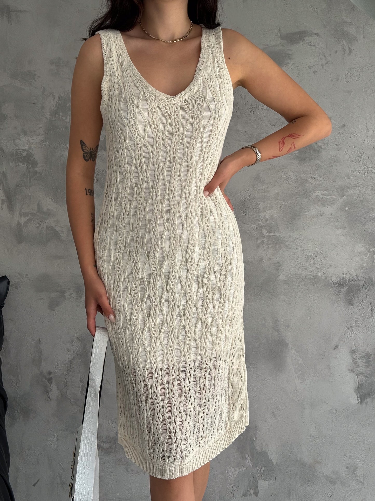 Women's Hallow Knit Midi Casual Dress Knit Dress Open Knit SKU: 25013