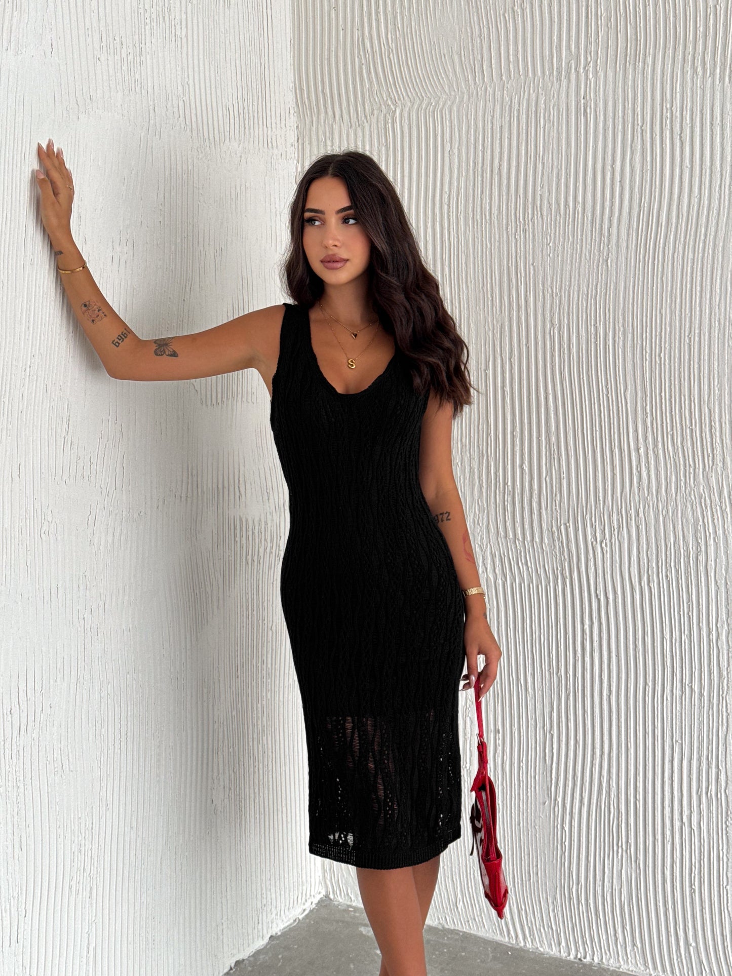 Women's Hallow Knit Midi Casual Dress Knit Dress Open Knit SKU: 25013