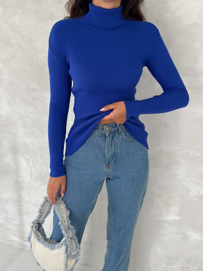 Women's Knit Turtleneck Top Ribbed Fitted Knit Top