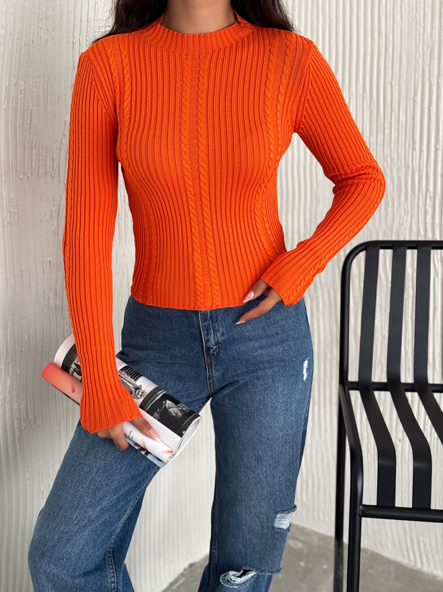 Women's Mock Neck Knit Top Cable Knit Fitted Knit SKU: 2525